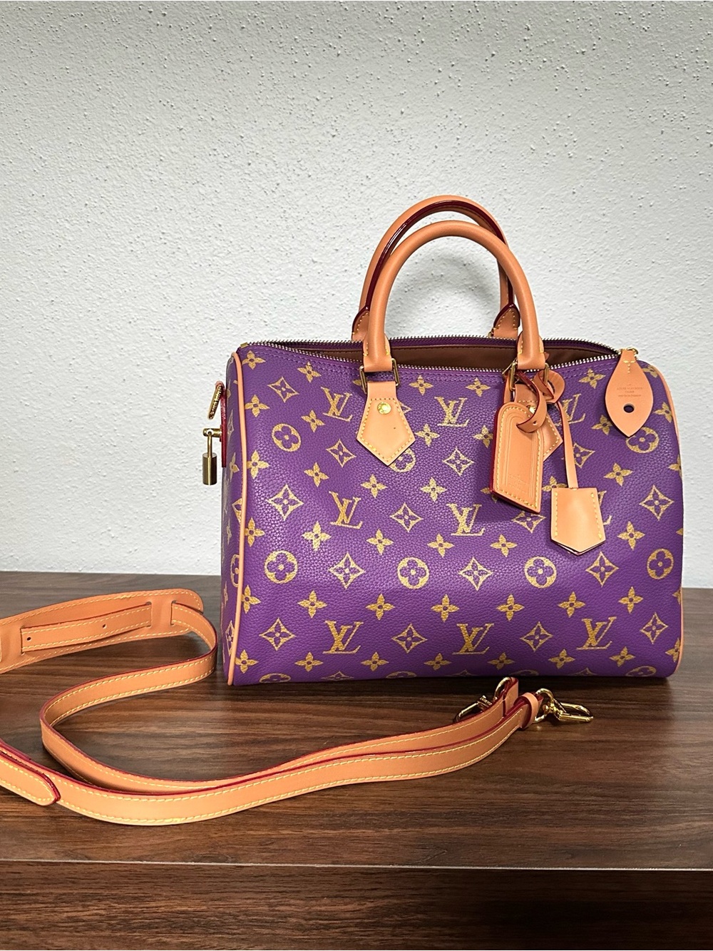 RARE INSPIRED Purple Monogram Satchel with Tan Leather Trim Size 30 P9 - Picture 2 of 15
